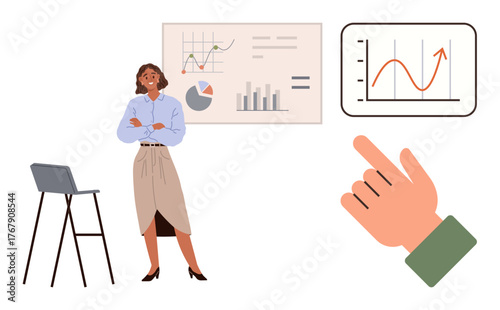 Woman standing beside chair with folded arms, presenting charts and graphs. Hand pointing at upward trend. Ideal for business analysis, data presentation, education, strategy, growth, leadership