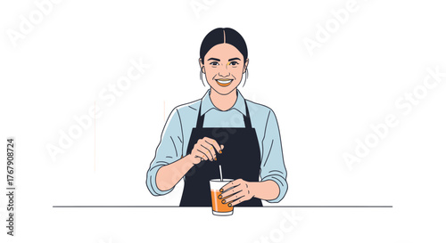 Cheerful female barista expertly preparing a refreshing citrus drink, stirring it in a glass, embodying dedication and skilled service in a clean, modern professional setting