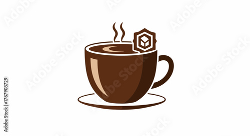 A minimalist vector illustration of a hot, steaming brown coffee cup with a sugar cube on the rim, representing a morning routine or a relaxing cafe break