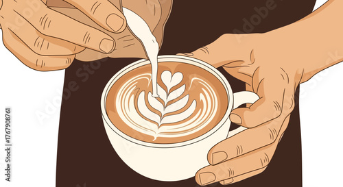 Close-up illustration of a barista's hands skillfully pouring steamed milk to create a beautiful rosetta latte art design in a coffee cup
