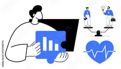 Person working with a puzzle piece and bar chart, individuals balancing work and ideas on a scale, and a heart with a heartbeat line. Ideal for collaboration, balance, decision making, data analysis