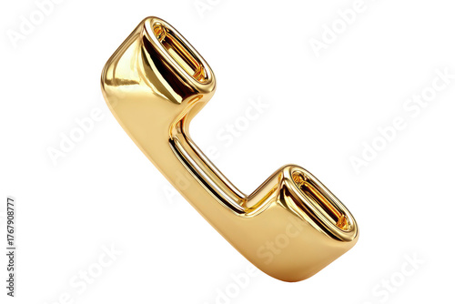 Gleaming gold phone handset icon isolated on black background, angled view with highlights