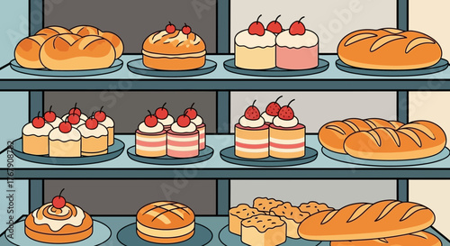 Delicious Bakery Display Fresh Bread and Cakes on Shelves