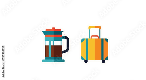 Morning Rituals and Adventures Coffee Press & Suitcase Icons for Travel Enthusiasts