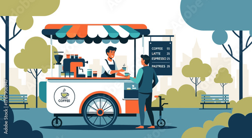 Friendly barista serving a fresh cup of coffee to a customer at a charming mobile coffee cart in a city park