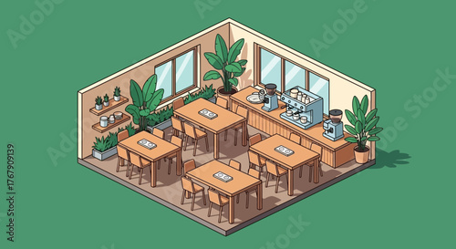 Isometric view of a modern cafe interior with tables, chairs, plants, and a coffee bar