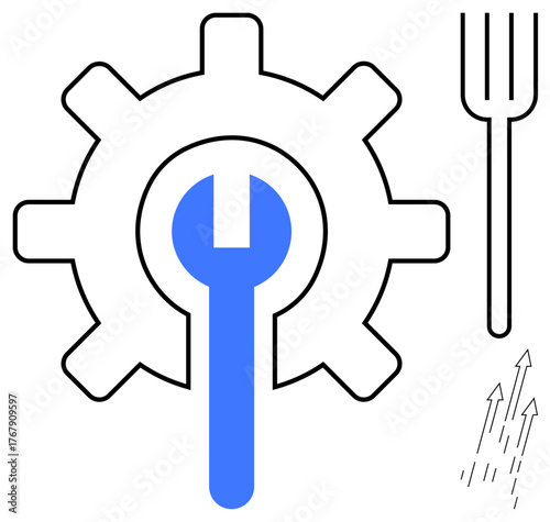Gear with blue wrench inside, upright fork, and three arrows rising upward. Ideal for technology, repair, efficiency, innovation, industrial growth precision and progress. Simple flat metaphor