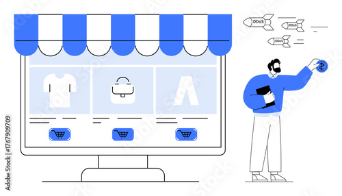 Online clothing store displayed on a desktop screen with actionable shopping buttons, man launching marketing rockets. Ideal for e-commerce strategy, online business, advertising, retail, branding