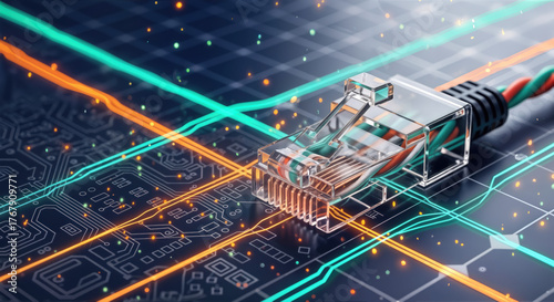 Data connector with orange and teal wiring on circuit board background featuring glowing lines and digital elements. Data connection illustrated with detailed components of an RJ-45 connector,