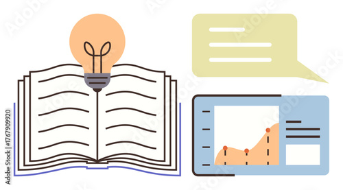 Open book with glowing lightbulb, analytics chart with graph, and speech bubble. Ideal for education, innovation, communication, data analysis, learning research presentation. Simple flat metaphor