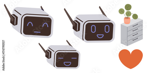 Robots displaying happy, neutral, and amused expressions beside a heart, potted plant, and desk. Ideal for AI, robotics, technology, communication emotions workplace and innovation concepts