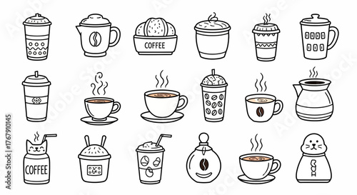 A charming collection of hand-drawn coffee and beverage icons, featuring various mugs, takeaway cups, and cute designs in a simple line art doodle style