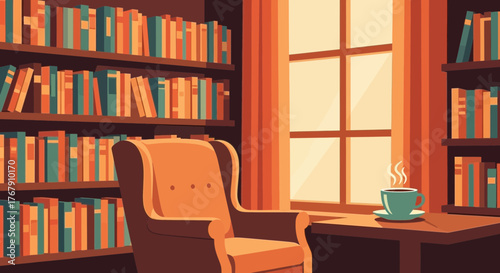 Cozy Reading Nook Armchair, Bookshelves, and a Steaming Cup by the Window