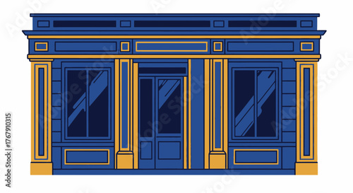Elegant facade of a classic European-style shop or boutique in blue and gold. Vector illustration isolated on white background