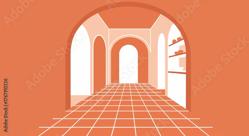 Architectural Perspective Illustrative Rendering of an Interior Corridor with Arches and Tiles in Warm Tones