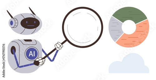 AI robot holding magnifying glass examining pie chart for data insights. Ideal for analytics, technology, research, automation, data science, artificial intelligence, education. Simple flat metaphor