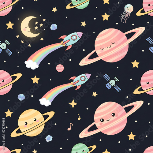Seamless Vector Pattern with Cute Kawaii Planets, Rainbow Rocket Ships, Stars, Sleeping Moon, and Satellite on Dark Space Background