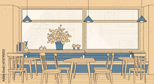 Vintage Cafe Interior Cozy Seating by the Window with Indoor Plants