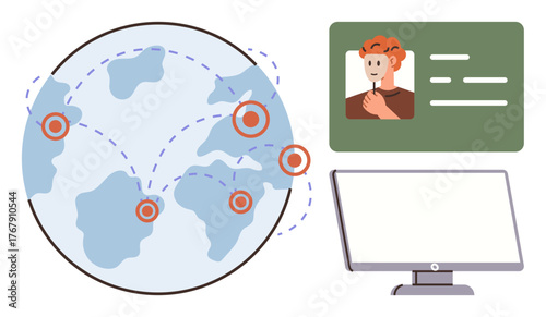 World map with location points and connection lines, digital profile card, computer monitor. Ideal for networking, education, communication, recruitment, collaboration, globalization remote work