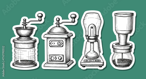 A captivating illustration showcasing a diverse collection of coffee grinders, from vintage manual designs to modern electric appliances