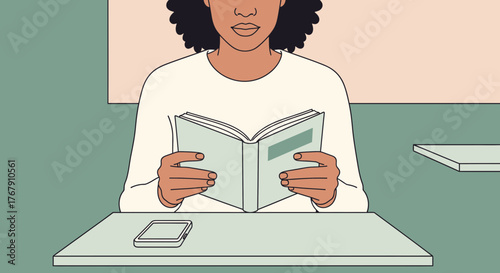 A focused student deeply engrossed in reading a physical book at a desk, symbolizing concentration, learning, and the pursuit of knowledge and education