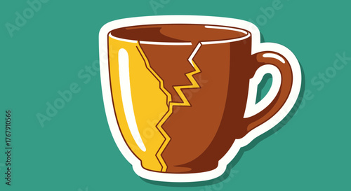 Broken coffee cup illustration showing cracks. Concept for fragility, damage, or imperfection