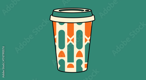 Illustrated disposable coffee cup featuring a vibrant retro geometric design. A stylish concept for morning caffeine, takeaway drinks, and cafe culture