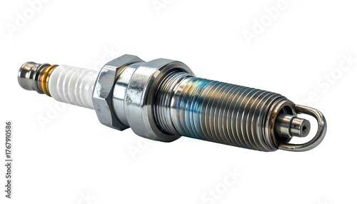 Spark plug shown in detail, bright silver metal with a white ceramic insulator, on dark backdrop