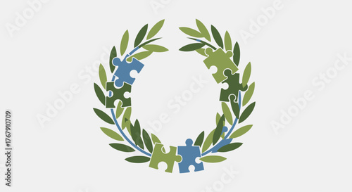 Circular design featuring olive branches and puzzle pieces, symbolizing unity and collaboration.