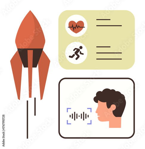 Rocket symbolizing innovation, health icons with heartbeat and running, and a face with voice recognition. Ideal for technology, health tracking, startup growth, AI, biometric data, innovation