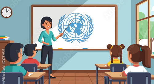 Teacher explaining the United Nations to students in a classroom setting.