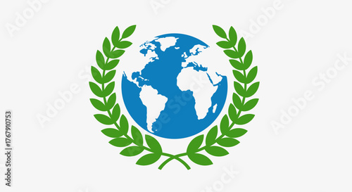 A blue globe of the Earth is encircled by green laurel wreaths, symbolizing global peace and unity.