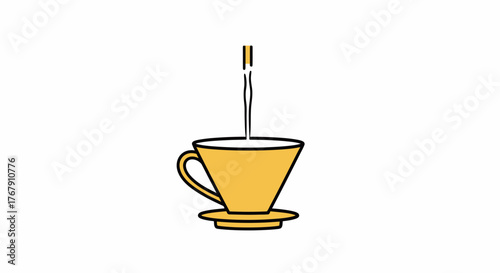 Graphic icon of manual pour-over coffee preparation, showing hot water meticulously poured into a yellow filter cone atop a coffee cup with a saucer