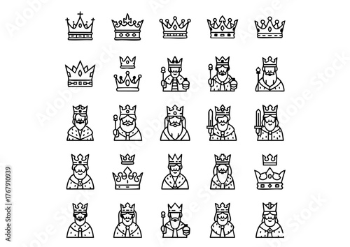 Monarchy Icon Set: 25 Black & White King Vectors, Royal Figure Line Art: Minimalist King & Crown Iconography, Vector King Glyphs: Thick Line Medieval Authority Collection