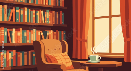 Cozy armchair and steaming cup of coffee next to a window with bookshelves in the background