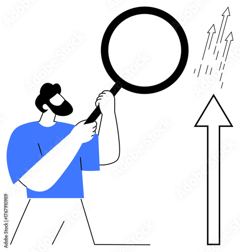 Bearded man holds a magnifying glass studying upward arrows symbolizing growth, progress, and success. Ideal for analysis, research, data-driven decisions, business strategy, innovation, achievement