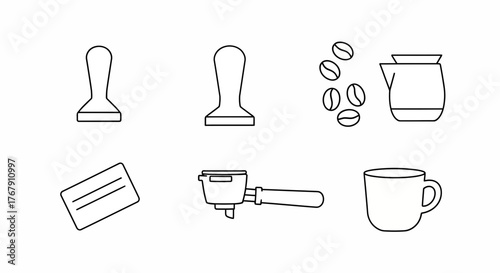Vector outline icon set of coffee essentials tampers, portafilter, coffee beans, milk jug, and cup. Ideal for barista guides, cafe menus, and beverage branding