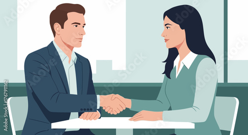 Business handshake between two professionals in a modern office setting, symbolizing agreement and partnership