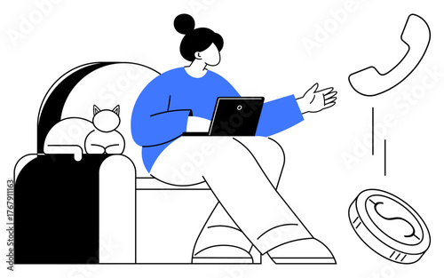 Woman with laptop gesturing while seated on couch, cat beside her, telephone ringing. Ideal for remote work, work-life balance, distractions, household life, technology, self-care simple flat