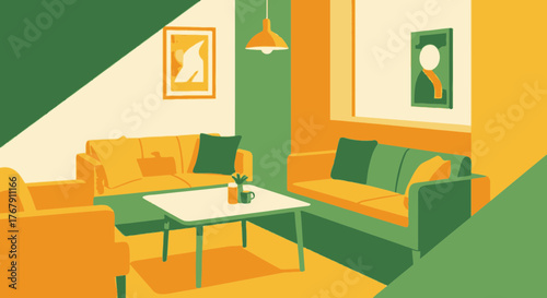 Cozy modern living room interior with sofas, coffee table, and artwork in a minimalist color palette of orange and green