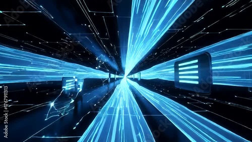 Futuristic digital tunnel with blue light beams and abstract circuitry