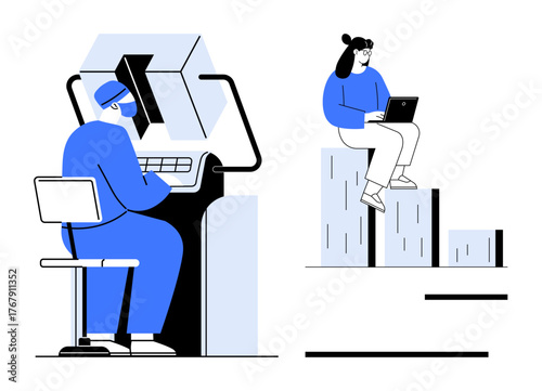 Male at workstation typing, female sitting on chart bar with laptop. Ideal for teamwork, career, growth, progress, focus, innovation remote work. Minimalistic flat metaphor