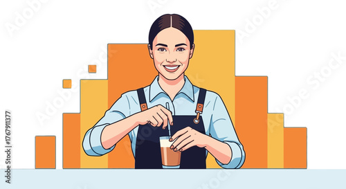 Vector illustration of a smiling female barista in an apron stirring a coffee drink in a tall glass against a modern orange background