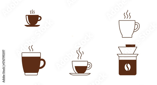 Set of Various Coffee Cup Icons Espresso, Cappuccino, and Coffee Mug Illustrations