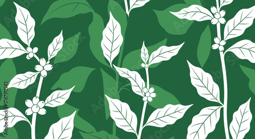 Elegant seamless botanical pattern showcasing stylized coffee plants with vibrant green leaves and white berries, perfect for organic product packaging and nature-inspired designs