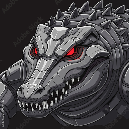 Close-up of a menacing robotic alligator with glowing red eyes and sharp teeth, a powerful and futuristic creature.