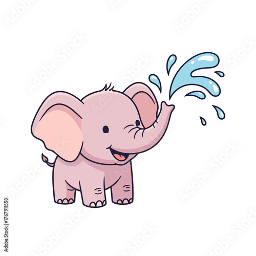Cute baby elephant spraying water with its trunk, cartoon illustration.