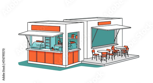 Illustration of two modern, connected kiosks or food stalls with open serving windows and outdoor seating