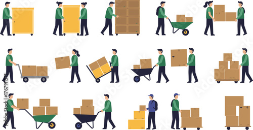 Manual material handling vector illustration, workers carrying, pushing, pulling boxes with carts, dollies, wheelbarrows, teamwork and logistics concept design
