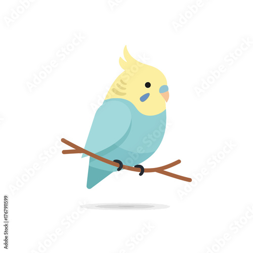 Cute Cartoon Budgerigar Perched on a Branch.